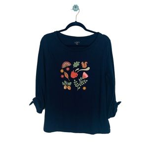 LOFT outlet casual 3/4 sleeve fall graphic top navy blue tie detail size M NWT